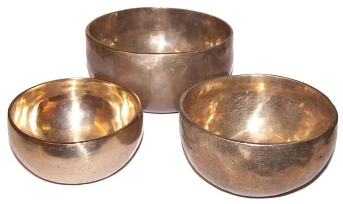 Polished Set of 3 Handmade Brass Singing Bowls featuring natural patterning and unique variations - Positive Faith Hope Love