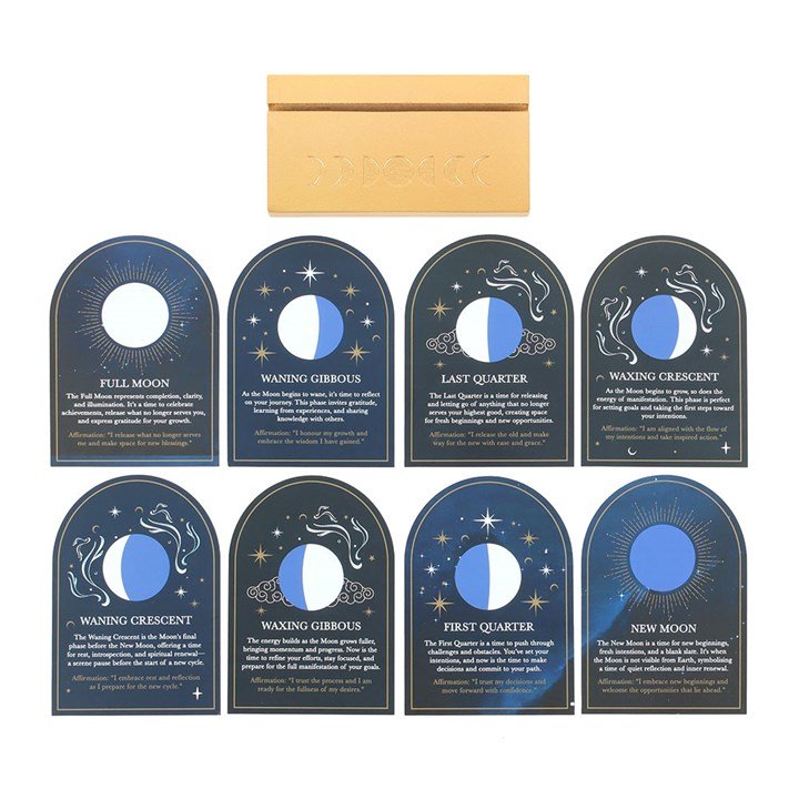 Polished Set Of 8 Moon Phase Cards With Wooden Stand featuring natural patterning and unique variations - Positive Faith Hope Love