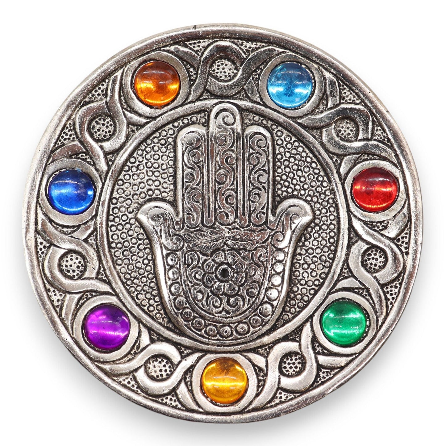 Polished Seven Chakra Hamsa Incense Holder featuring natural patterning and unique variations - Positive Faith Hope Love