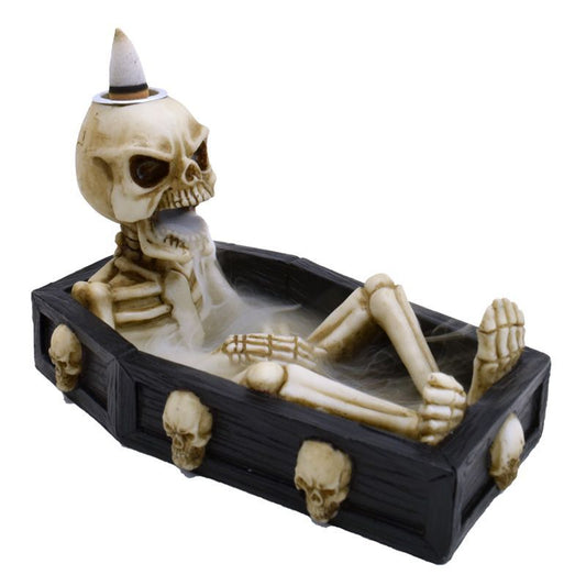 Polished Skeleton in the Coffin Backflow Incense Burner featuring natural patterning and unique variations - Positive Faith Hope Love