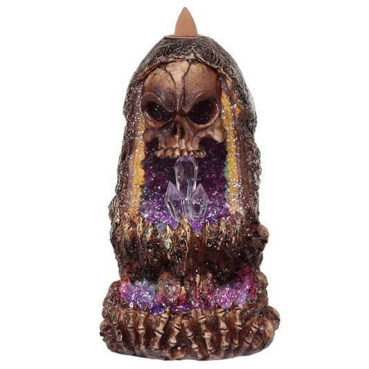 Polished Skull Crystal Cave LED Backflow Incense Burner featuring natural patterning and unique variations - Positive Faith Hope Love