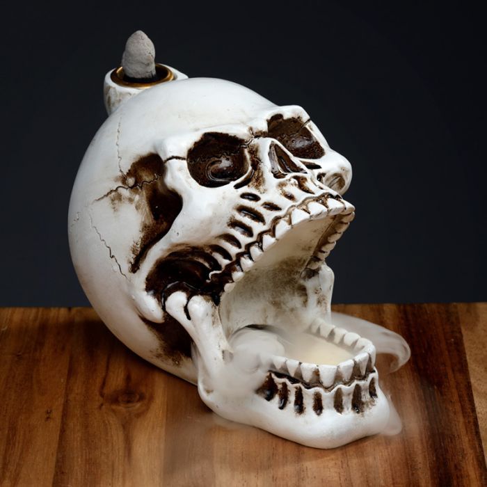 Polished Skull With Open Mouth Backflow Incense Burner featuring natural patterning and unique variations - Positive Faith Hope Love