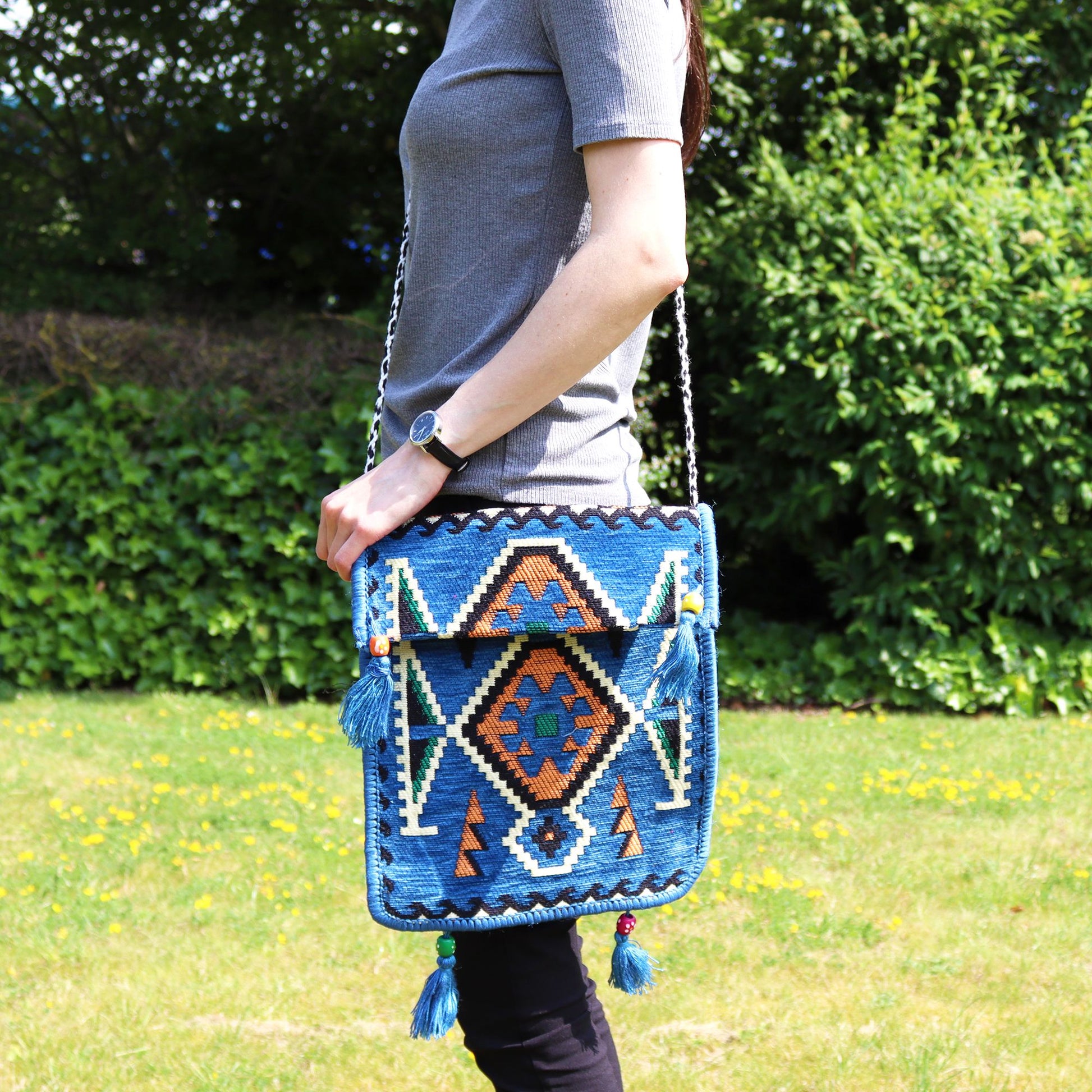 Polished Sky Blue Kilim Messenger Festival Bag 1 featuring natural patterning and unique variations - Positive Faith Hope Love