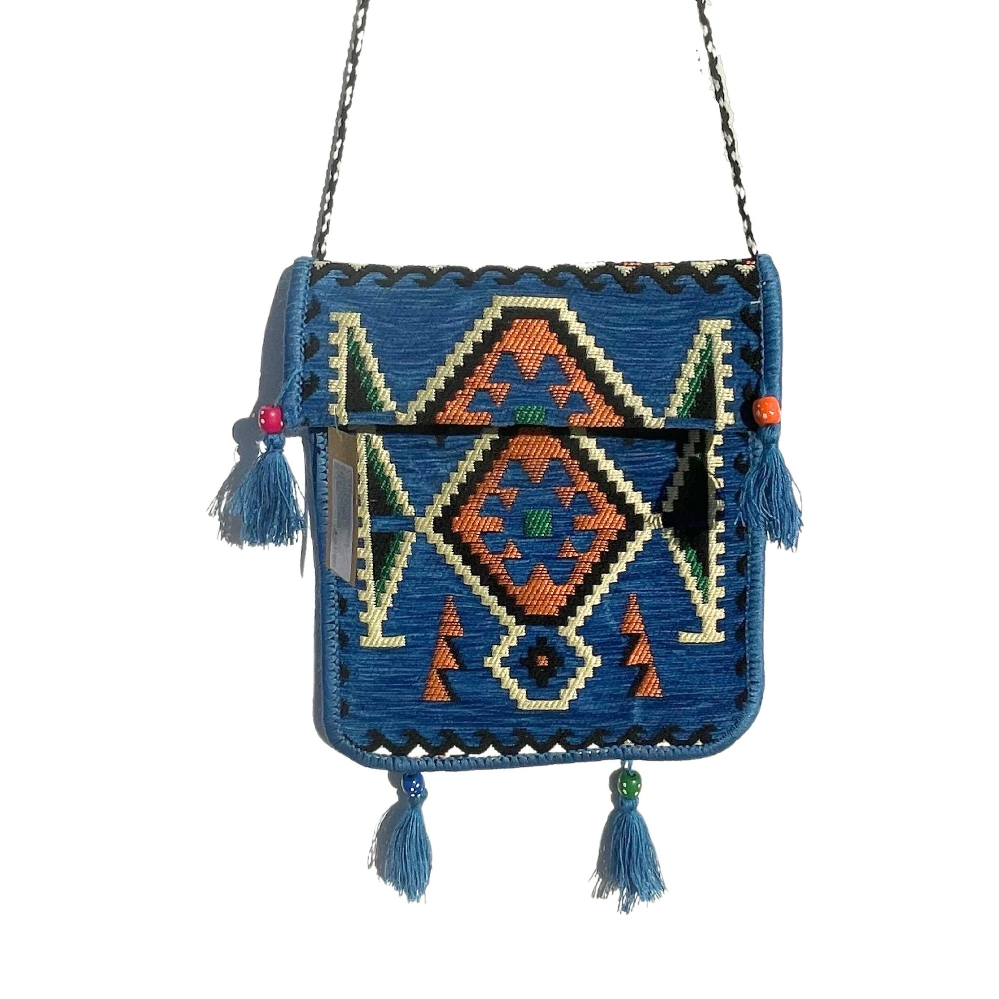 Polished Sky Blue Kilim Messenger Festival Bag featuring natural patterning and unique variations - Positive Faith Hope Love