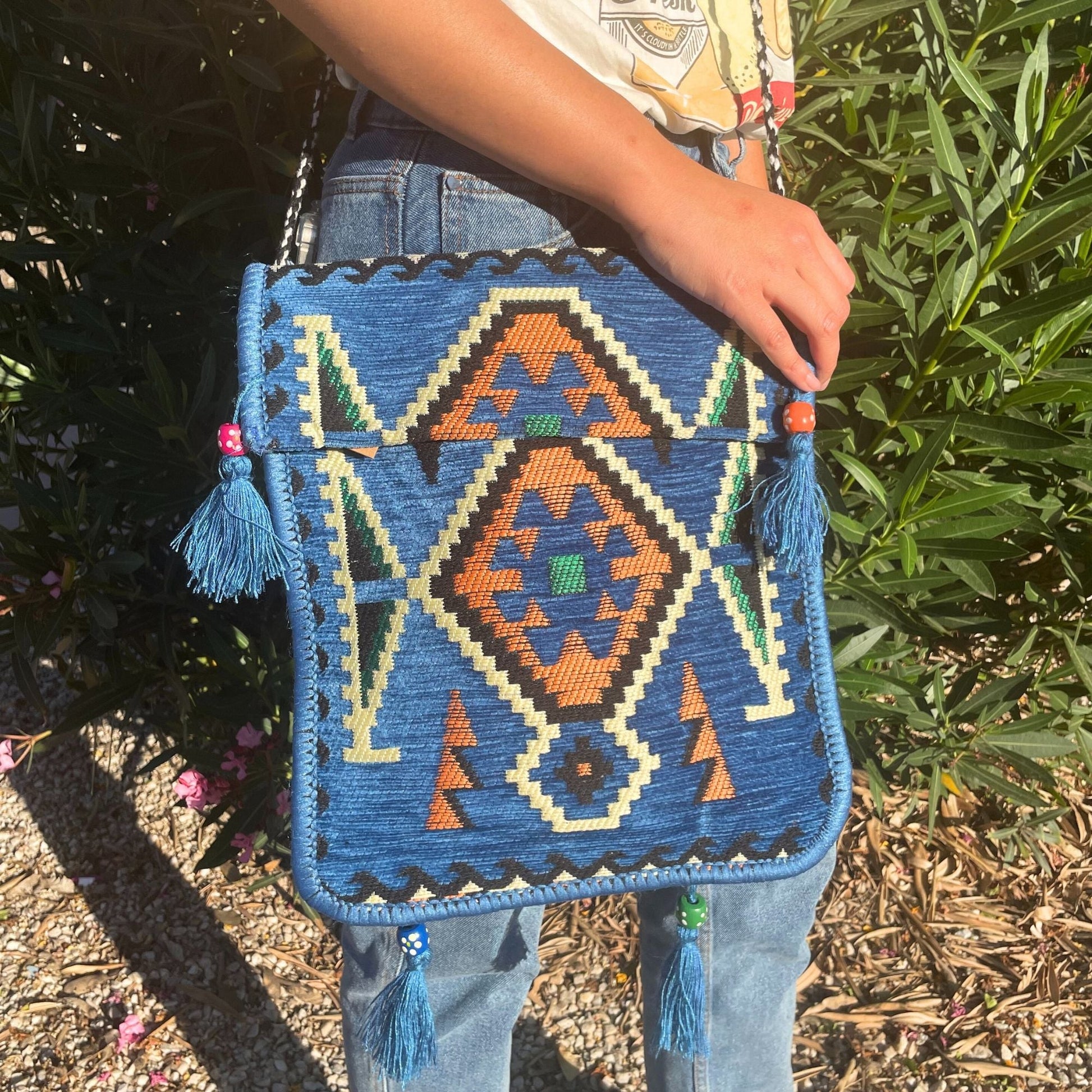 Polished Sky Blue Kilim Messenger Festival Bag 1 featuring natural patterning and unique variations - Positive Faith Hope Love