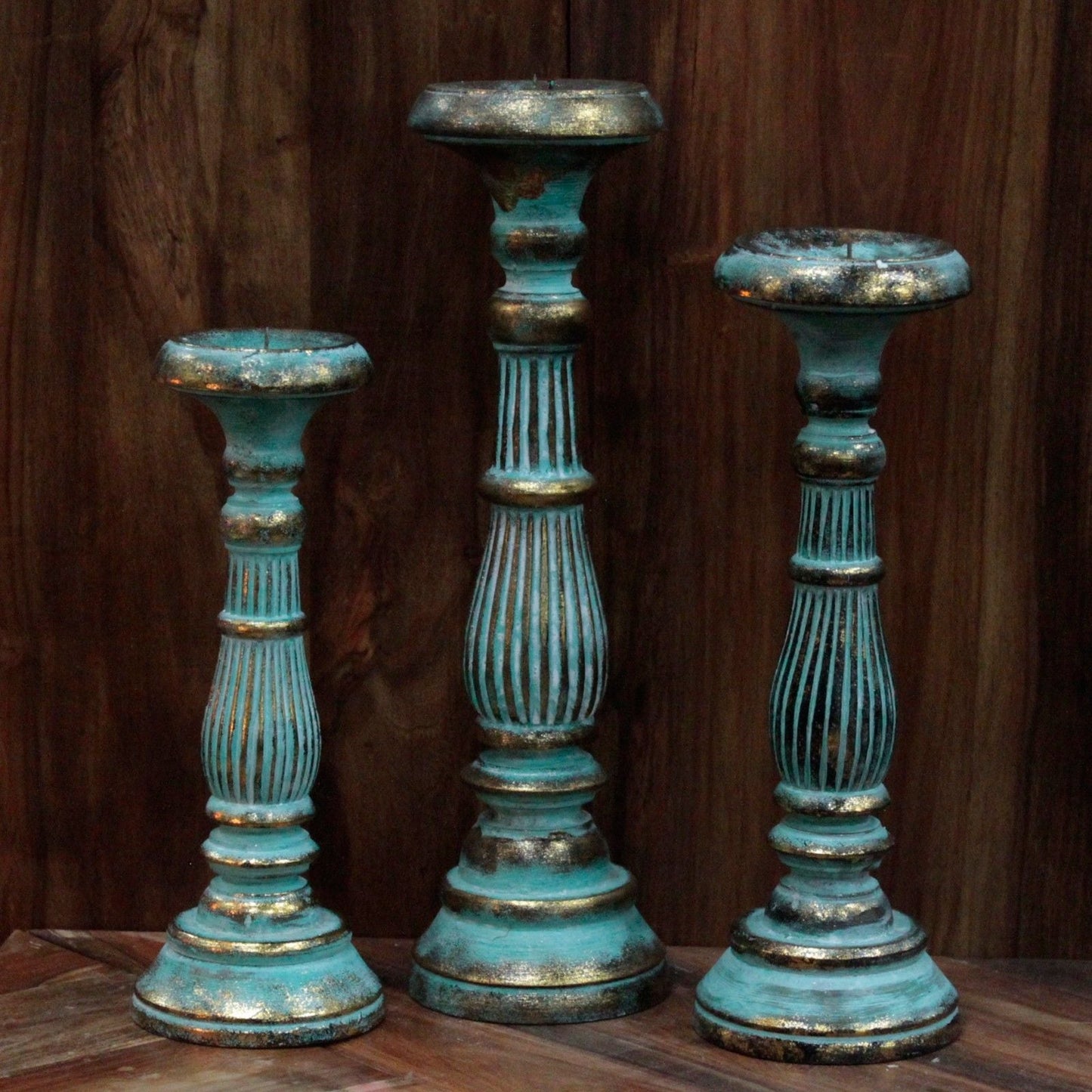 Polished Small Candle Stand Turquois Gold featuring natural patterning and unique variations - Positive Faith Hope Love