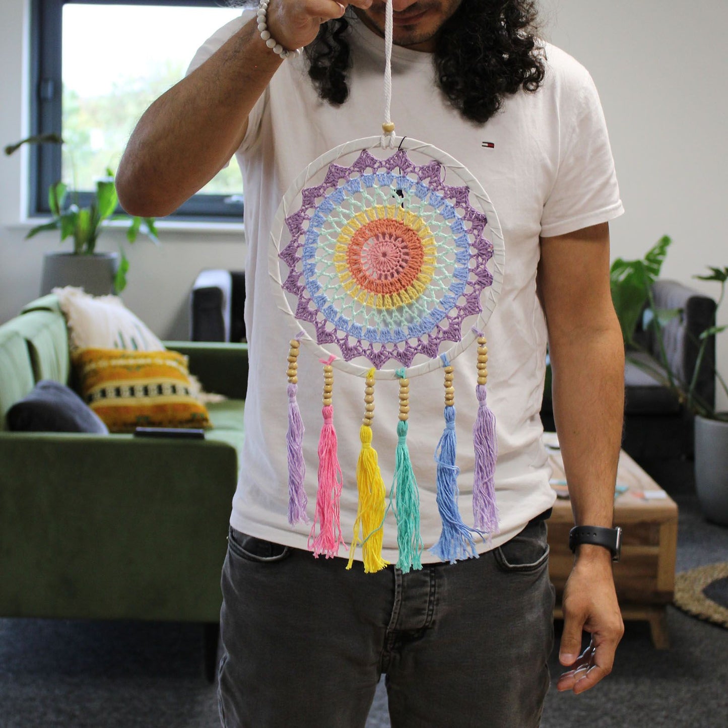 Polished Small Dreamcatcher 22X56Cm Pastel Rainbow featuring natural patterning and unique variations - Positive Faith Hope Love