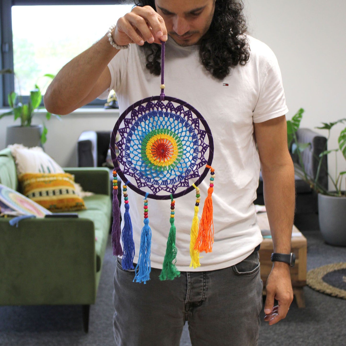 Polished Small Dreamcatcher 22X56Cm Vivid Rainbow featuring natural patterning and unique variations - Positive Faith Hope Love