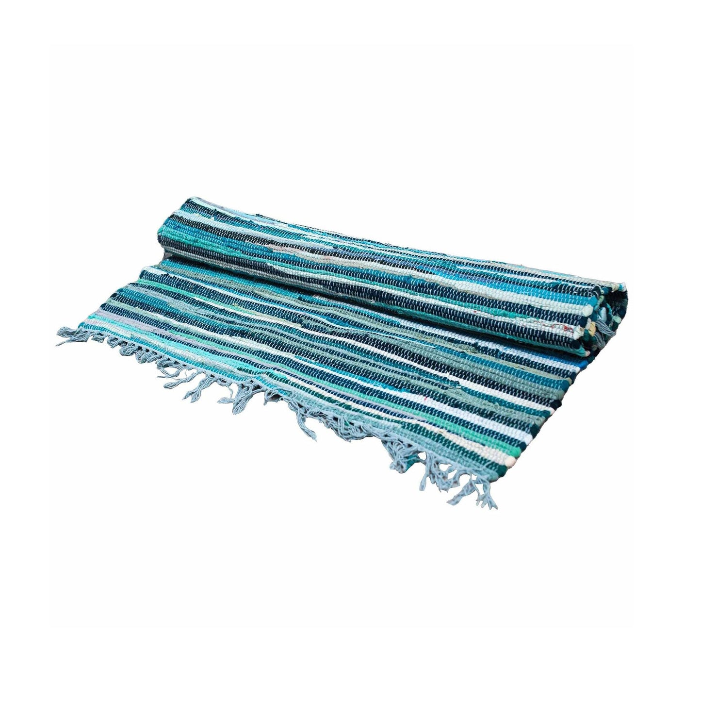 Polished Small Rag Rug - 50x90cm - premium quality - Aqua Blues featuring natural patterning and unique variations - Positive Faith Hope Love