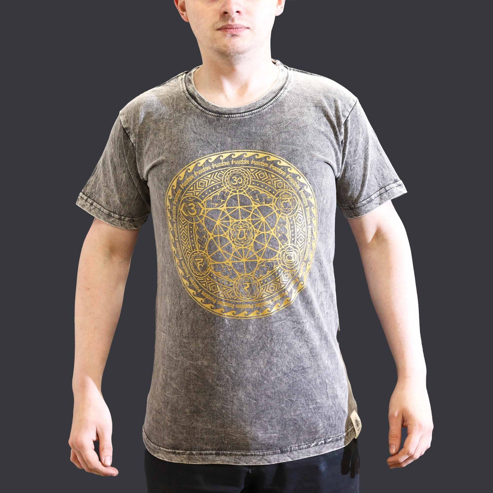 Polished Small Stone Washed T Shirt Chakra Dark Grey featuring natural patterning and unique variations - Positive Faith Hope Love