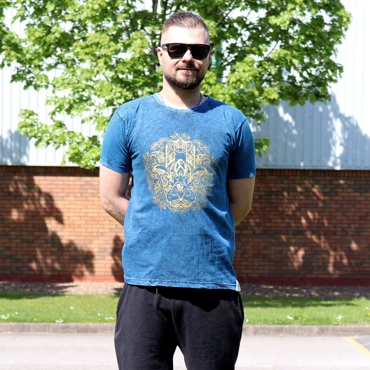 Polished Small Stone Washed T-Shirt - Hamsa - Blue featuring natural patterning and unique variations - Positive Faith Hope Love