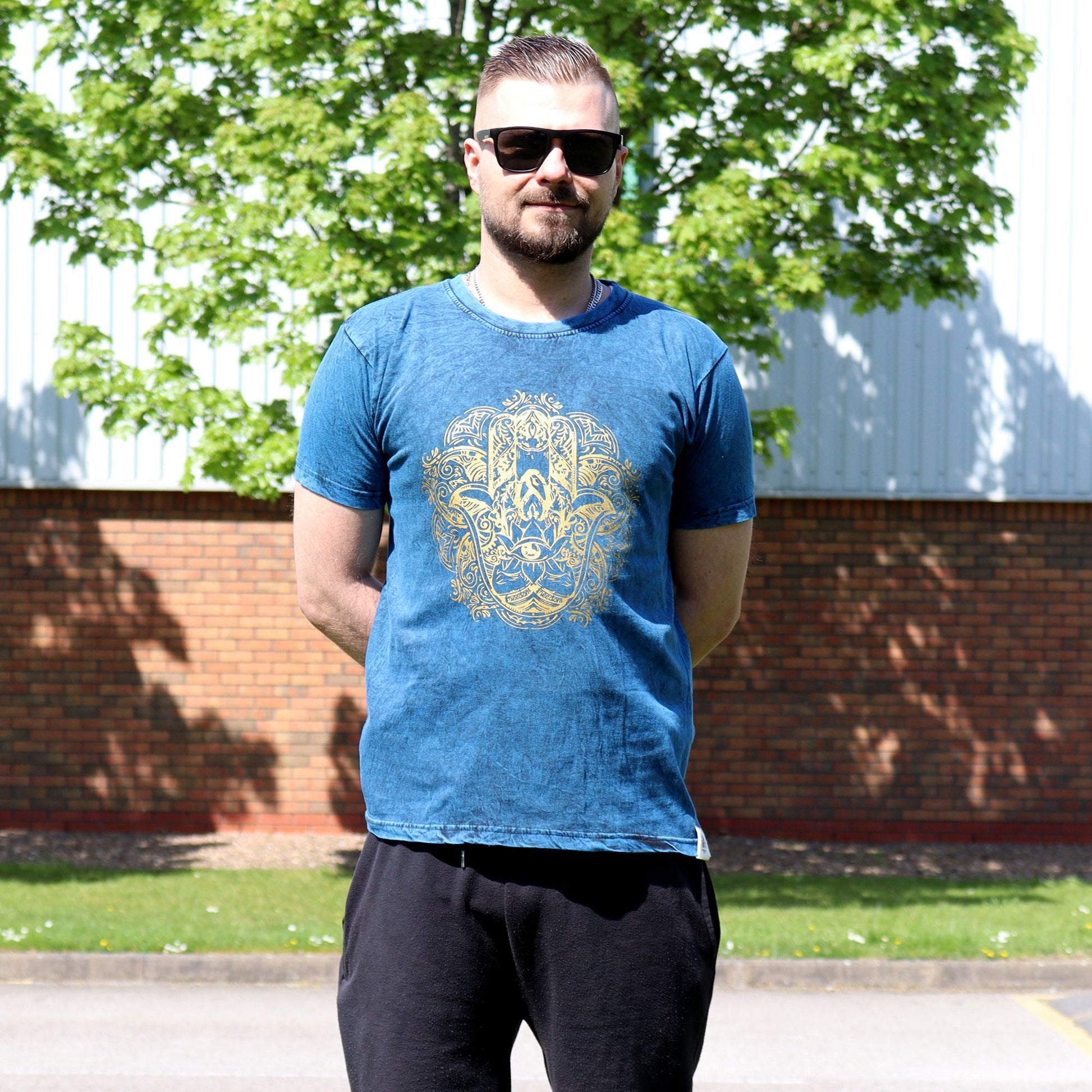 Polished Small Stone Washed T-Shirt - Hamsa - Blue featuring natural patterning and unique variations - Positive Faith Hope Love