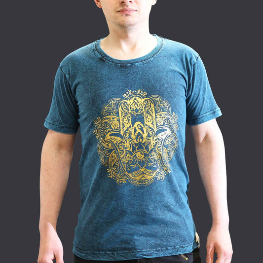Polished Small Stone Washed T Shirt Hamsa Blue featuring natural patterning and unique variations - Positive Faith Hope Love