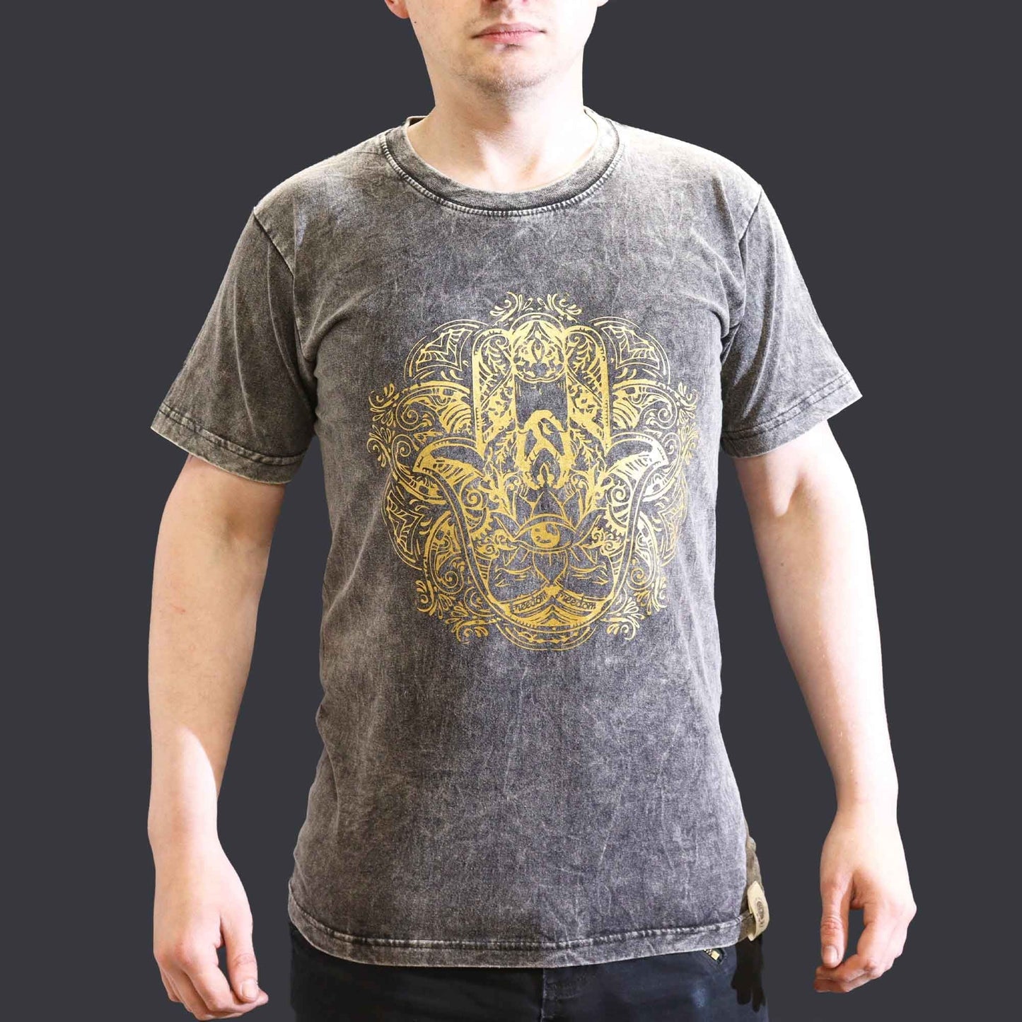 Polished Small Stone Washed T Shirt Hamsa Dark Grey featuring natural patterning and unique variations - Positive Faith Hope Love