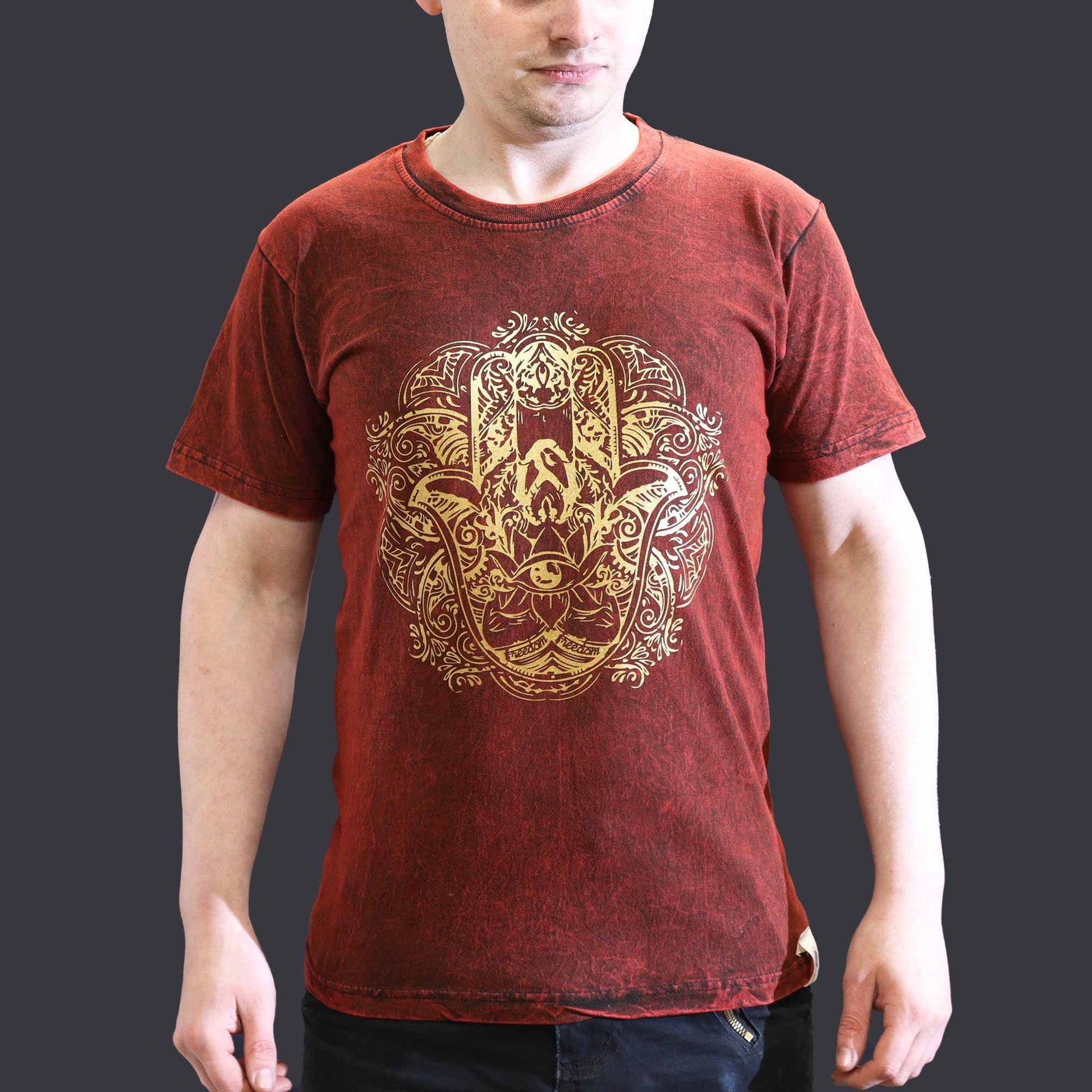 Polished Small Stone Washed T Shirt Hamsa Maroon featuring natural patterning and unique variations - Positive Faith Hope Love