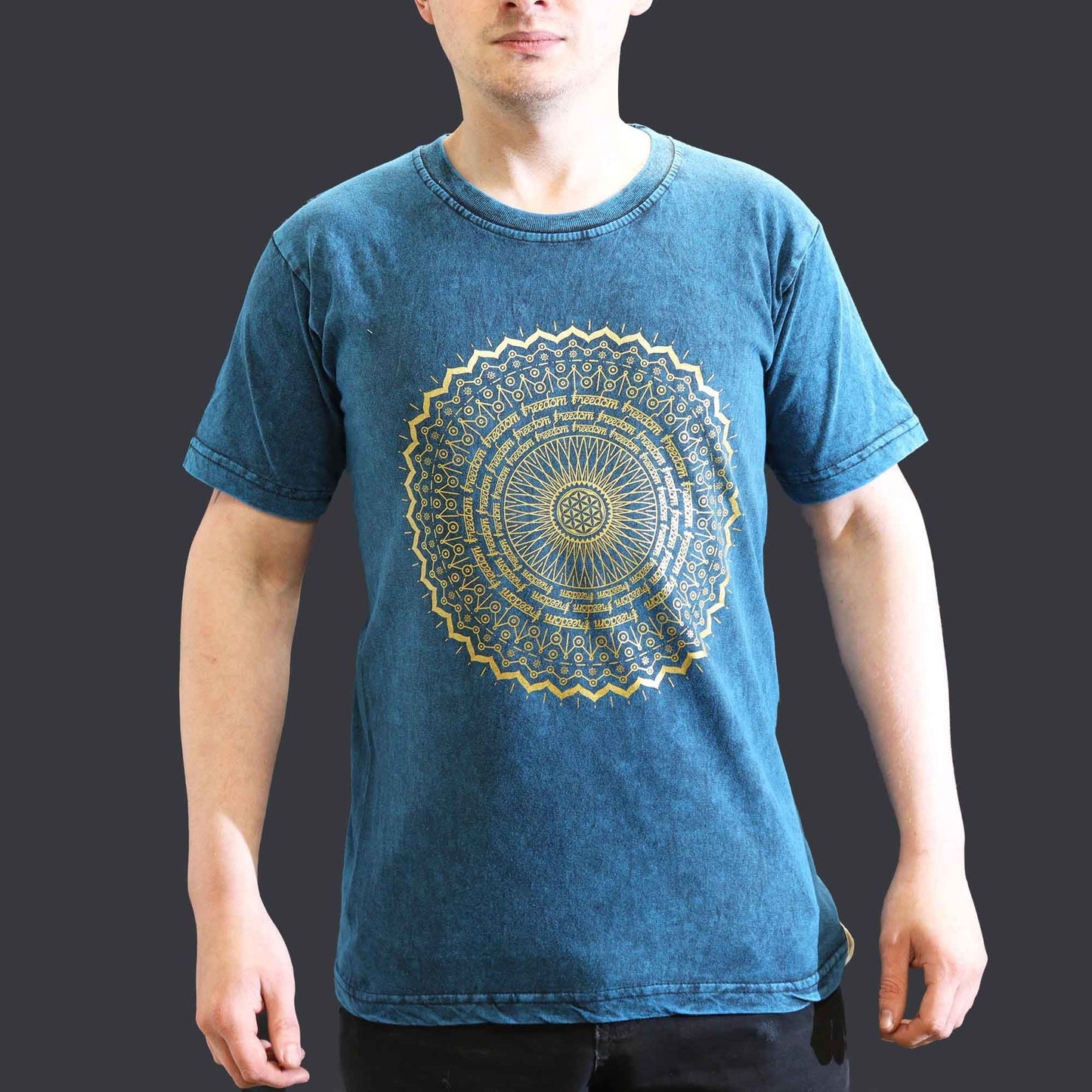 Polished Small Stone Washed T Shirt Mandala Blue featuring natural patterning and unique variations - Positive Faith Hope Love