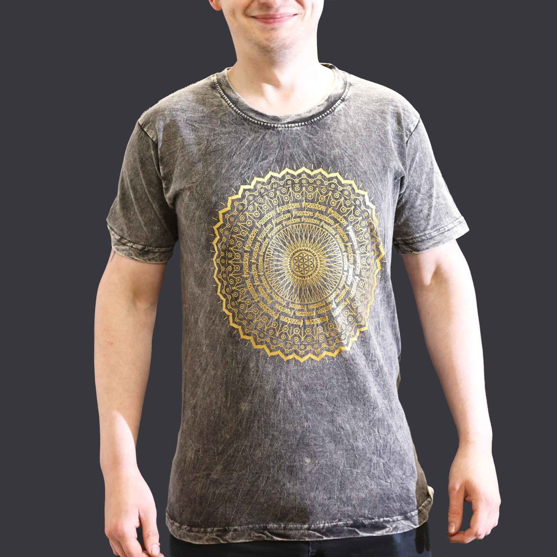 Polished Small Stone Washed T Shirt Mandala Dark Grey featuring natural patterning and unique variations - Positive Faith Hope Love
