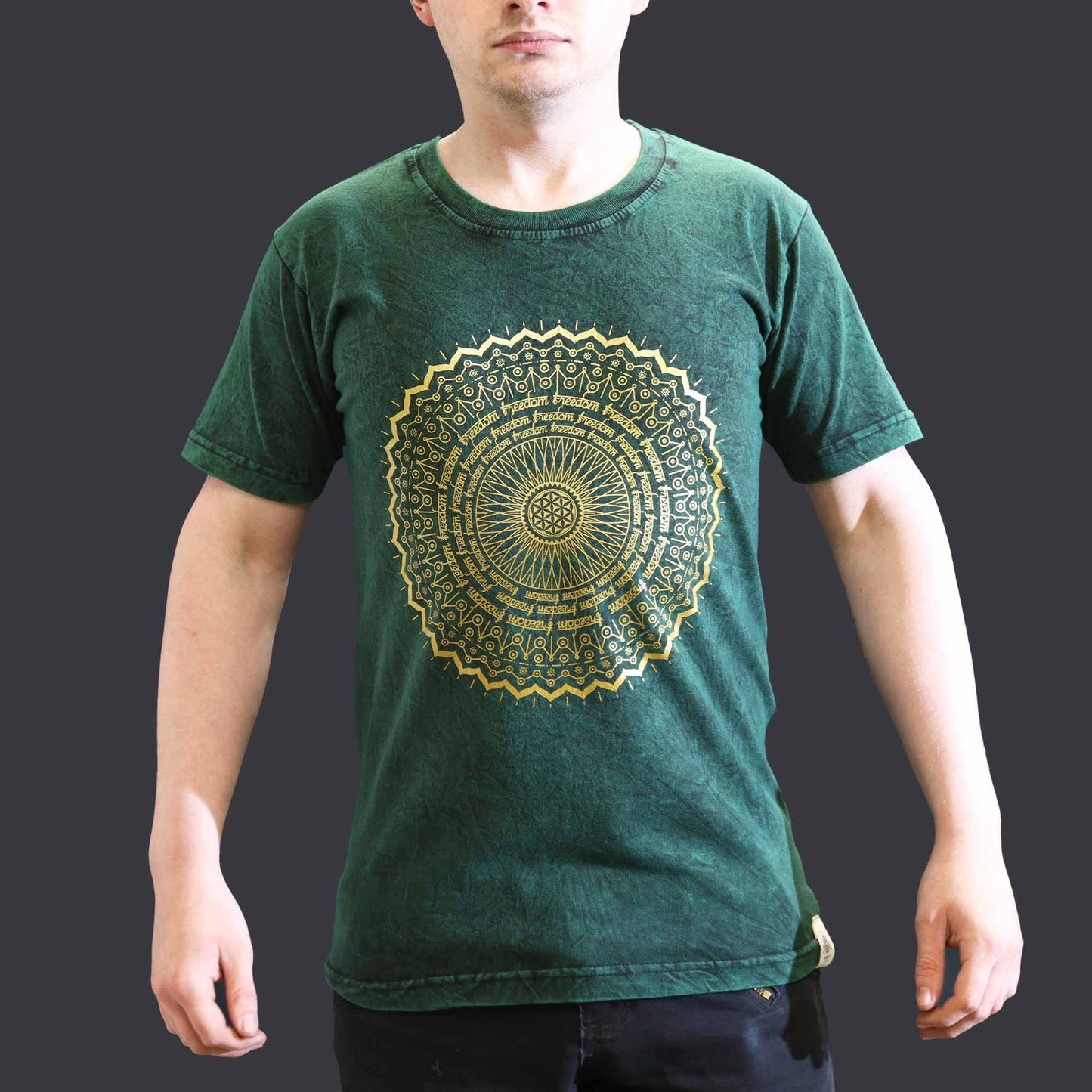 Polished Small Stone Washed T Shirt Mandala Green featuring natural patterning and unique variations - Positive Faith Hope Love