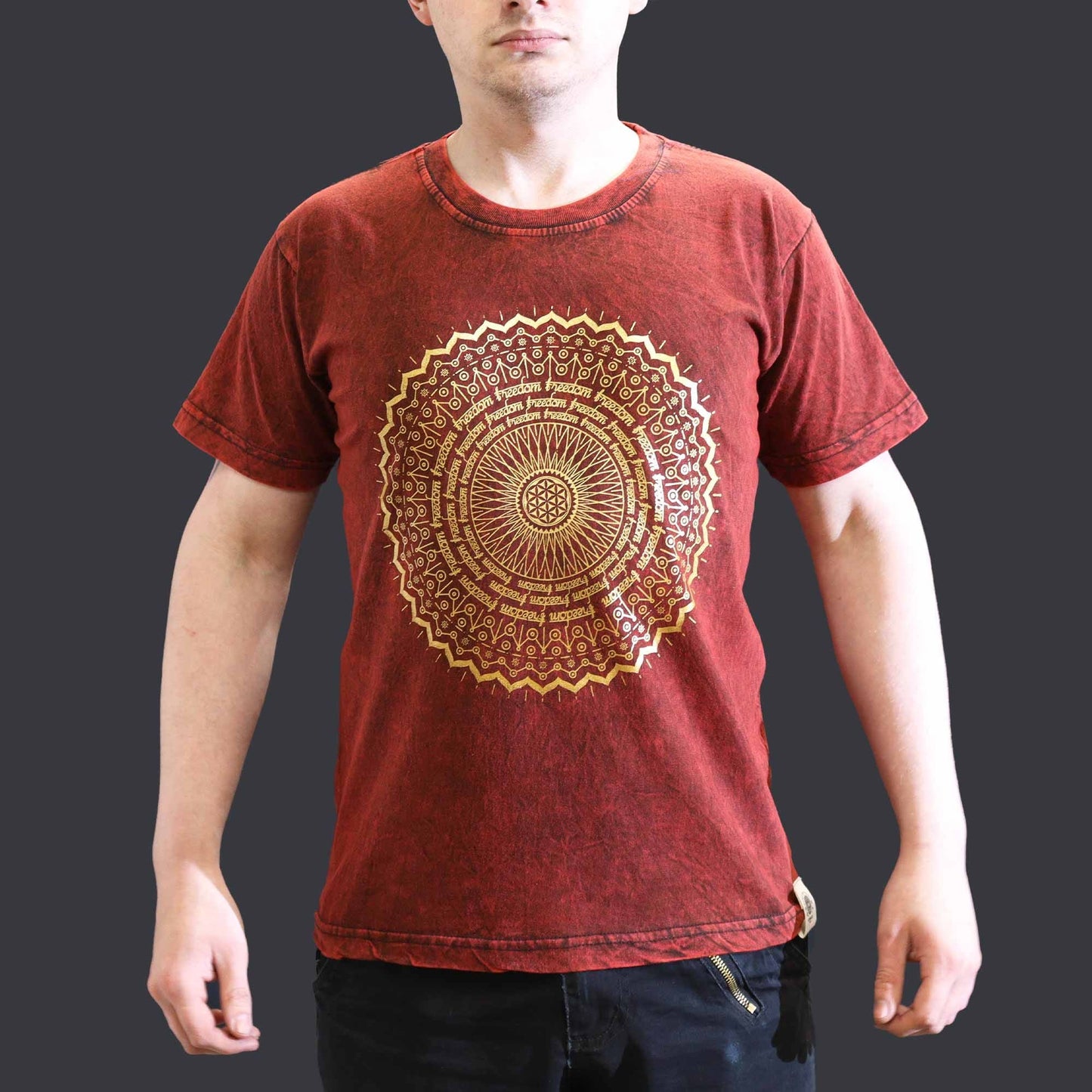 Polished Small Stone Washed T Shirt Mandala Maroon featuring natural patterning and unique variations - Positive Faith Hope Love