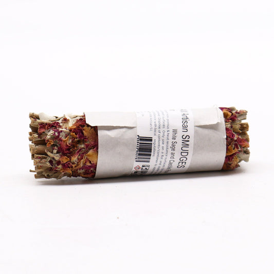 Polished Smudge Stick White Sage And Castile Rose featuring natural patterning and unique variations - Positive Faith Hope Love