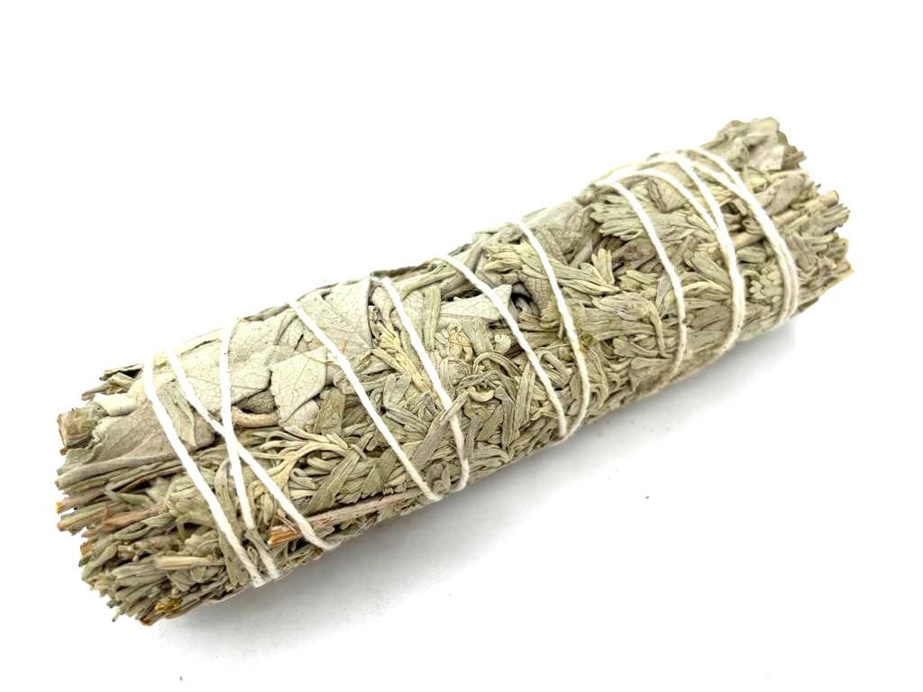 Polished Smudge Stick - White Sage & Blue Sage 10cm featuring natural patterning and unique variations - Positive Faith Hope Love