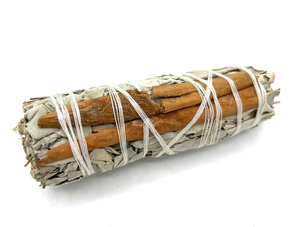 Polished Smudge Stick - White Sage & Cinnamon 10cm featuring natural patterning and unique variations - Positive Faith Hope Love