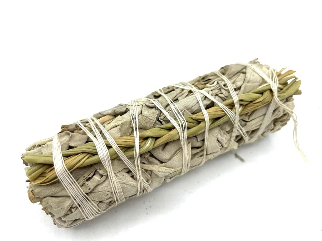 Polished Smudge Stick - White Sage & Sweetgrass 10cm featuring natural patterning and unique variations - Positive Faith Hope Love