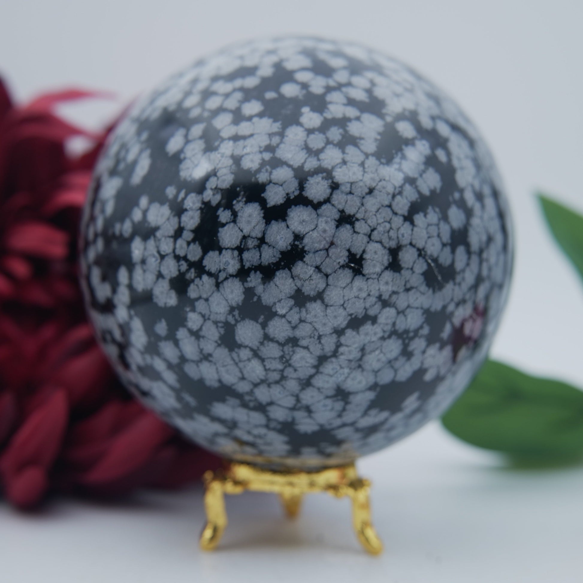 Polished Snowflake Obsidian Sphere 1192g featuring black base with grey snowflake patterns - Positive Faith Hope Love