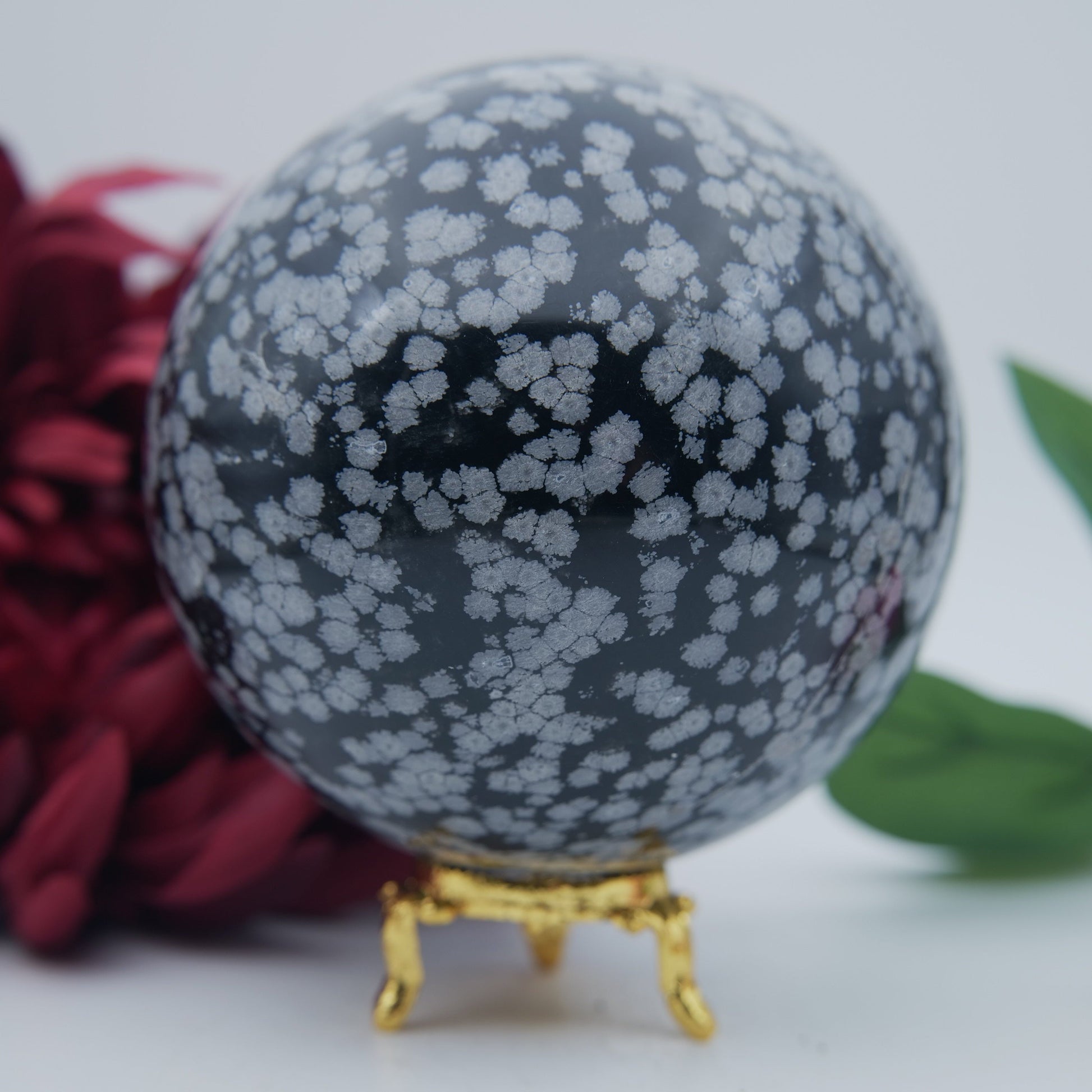 Polished Snowflake Obsidian Sphere 1192G featuring black base with grey snowflake patterns - Positive Faith Hope Love