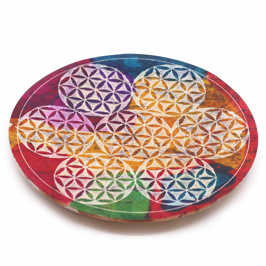 Polished Soapstone Disc Incense Holder - 7 Flower of Life featuring natural patterning and unique variations - Positive Faith Hope Love