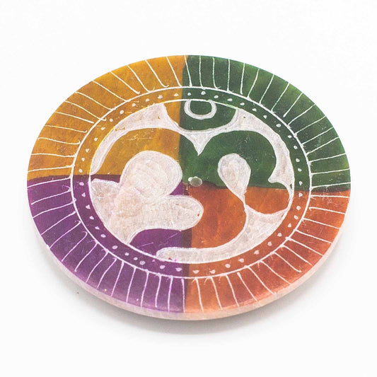 Polished Soapstone Disc Incense Holder 8cm - Om featuring natural patterning and unique variations - Positive Faith Hope Love