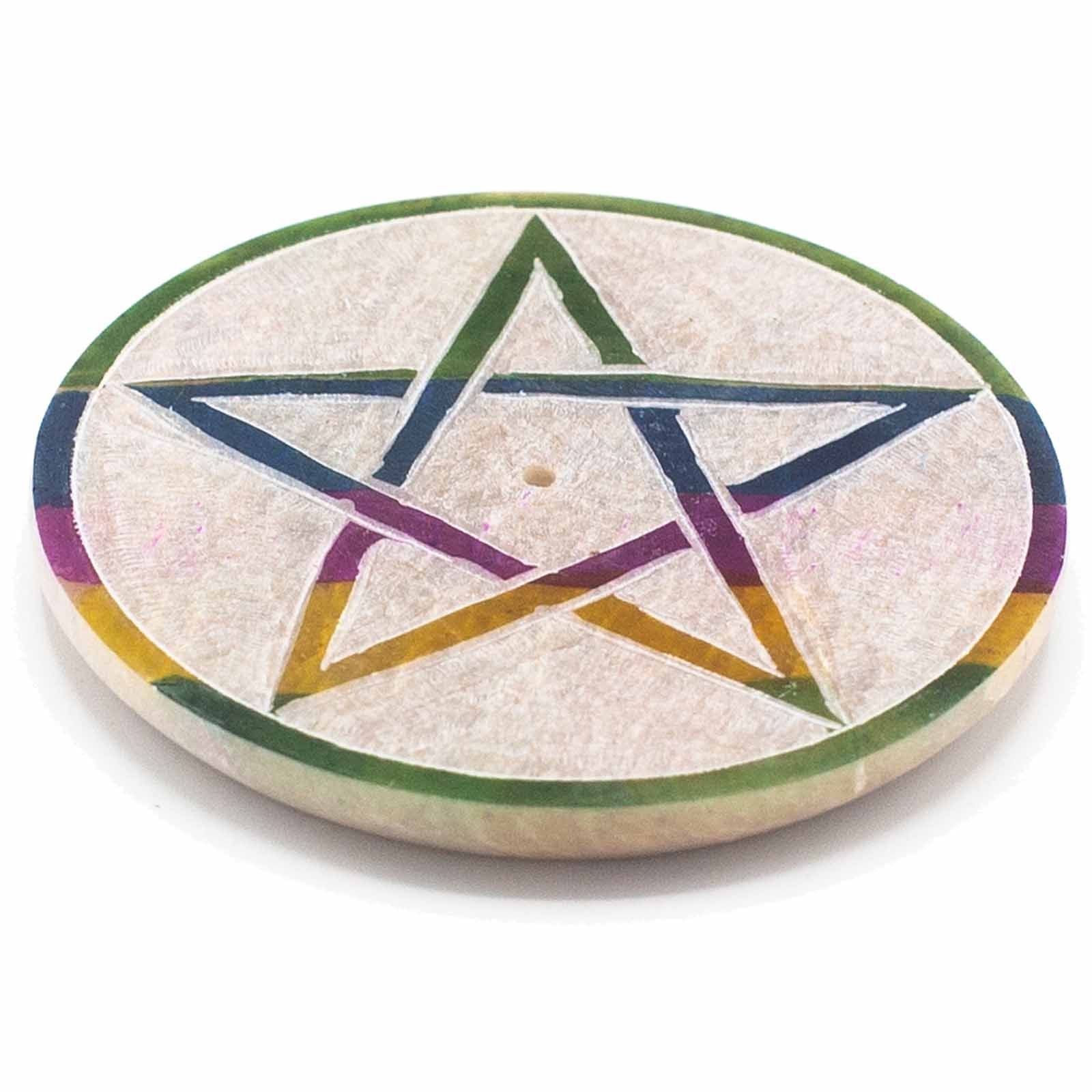 Polished Soapstone Disc Incense Holder 8cm - Pentagon featuring natural patterning and unique variations - Positive Faith Hope Love