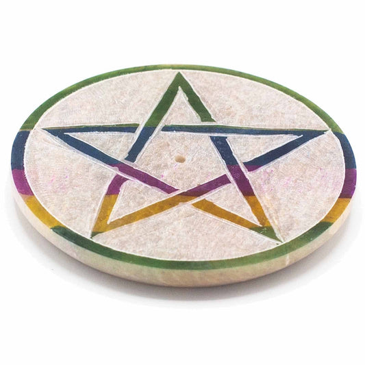 Polished Soapstone Disc Incense Holder 8cm - Pentagon featuring natural patterning and unique variations - Positive Faith Hope Love