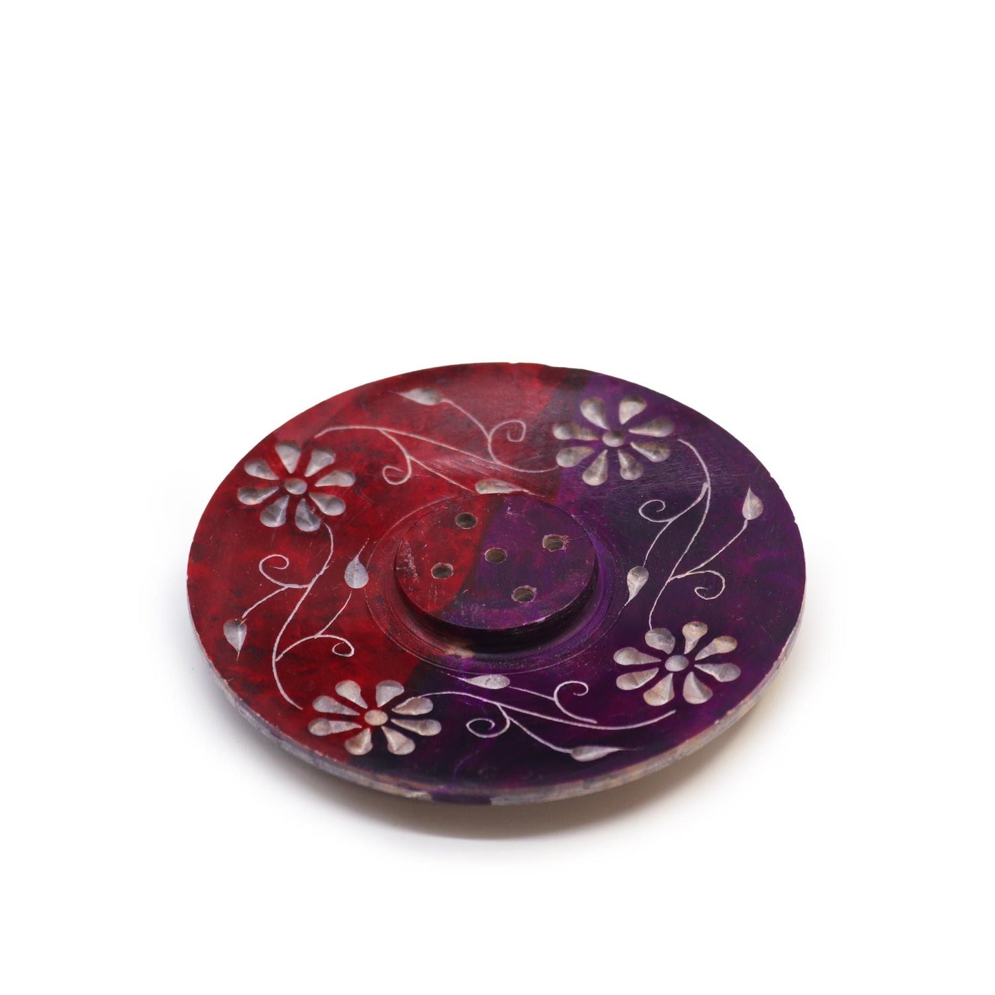 Polished Soapstone Disc Incense Holder - Floral (5 stick holder) featuring natural patterning and unique variations - Positive Faith Hope Love
