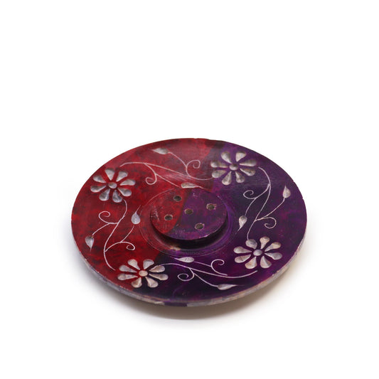 Polished Soapstone Disc Incense Holder - Floral (5 stick holder) featuring natural patterning and unique variations - Positive Faith Hope Love