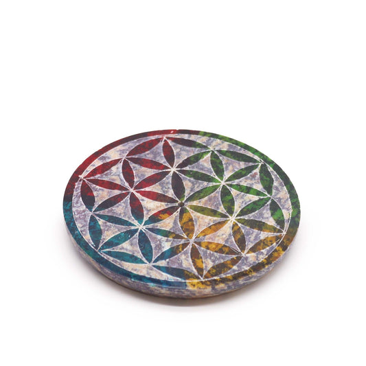 Polished Soapstone Disc Incense Holder - Flower of Life featuring natural patterning and unique variations - Positive Faith Hope Love