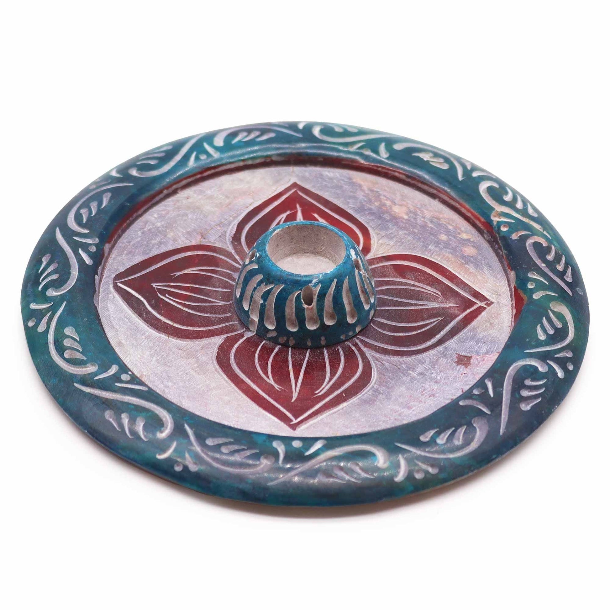 Polished Soapstone Disc Incense Holder - Four Petal (cone & incense holder) featuring natural patterning and unique variations - Positive Faith Hope Love