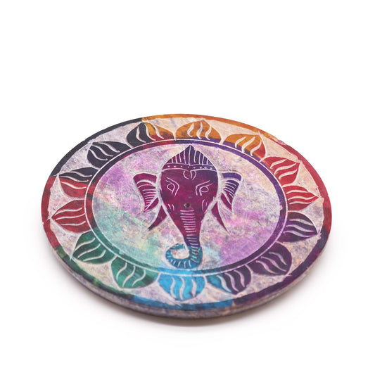 Polished Soapstone Disc Incense Holder - Ganesha featuring natural patterning and unique variations - Positive Faith Hope Love