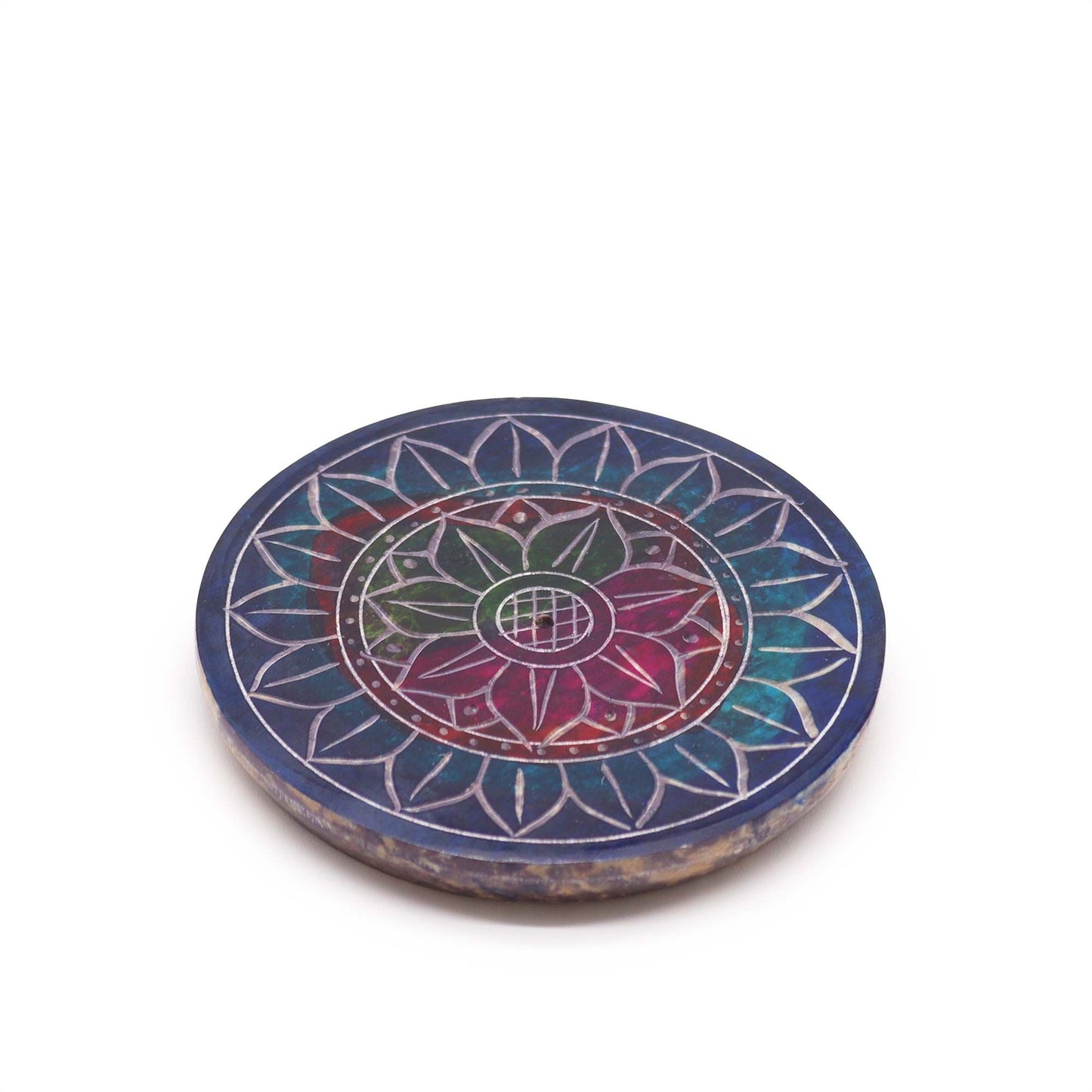 Polished Soapstone Disc Incense Holder - Lotus in Lotus featuring natural patterning and unique variations - Positive Faith Hope Love