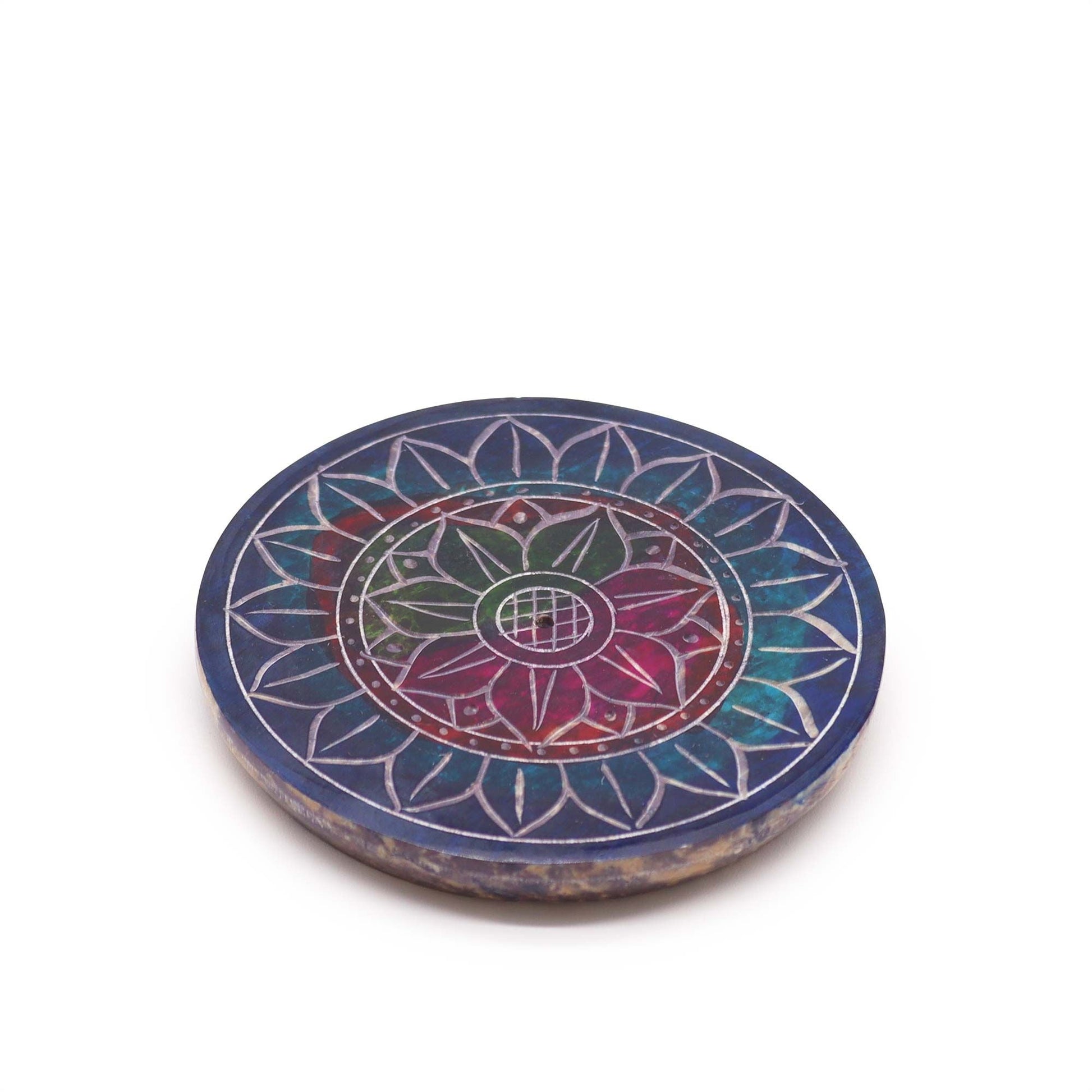 Polished Soapstone Disc Incense Holder - Lotus in Lotus featuring natural patterning and unique variations - Positive Faith Hope Love