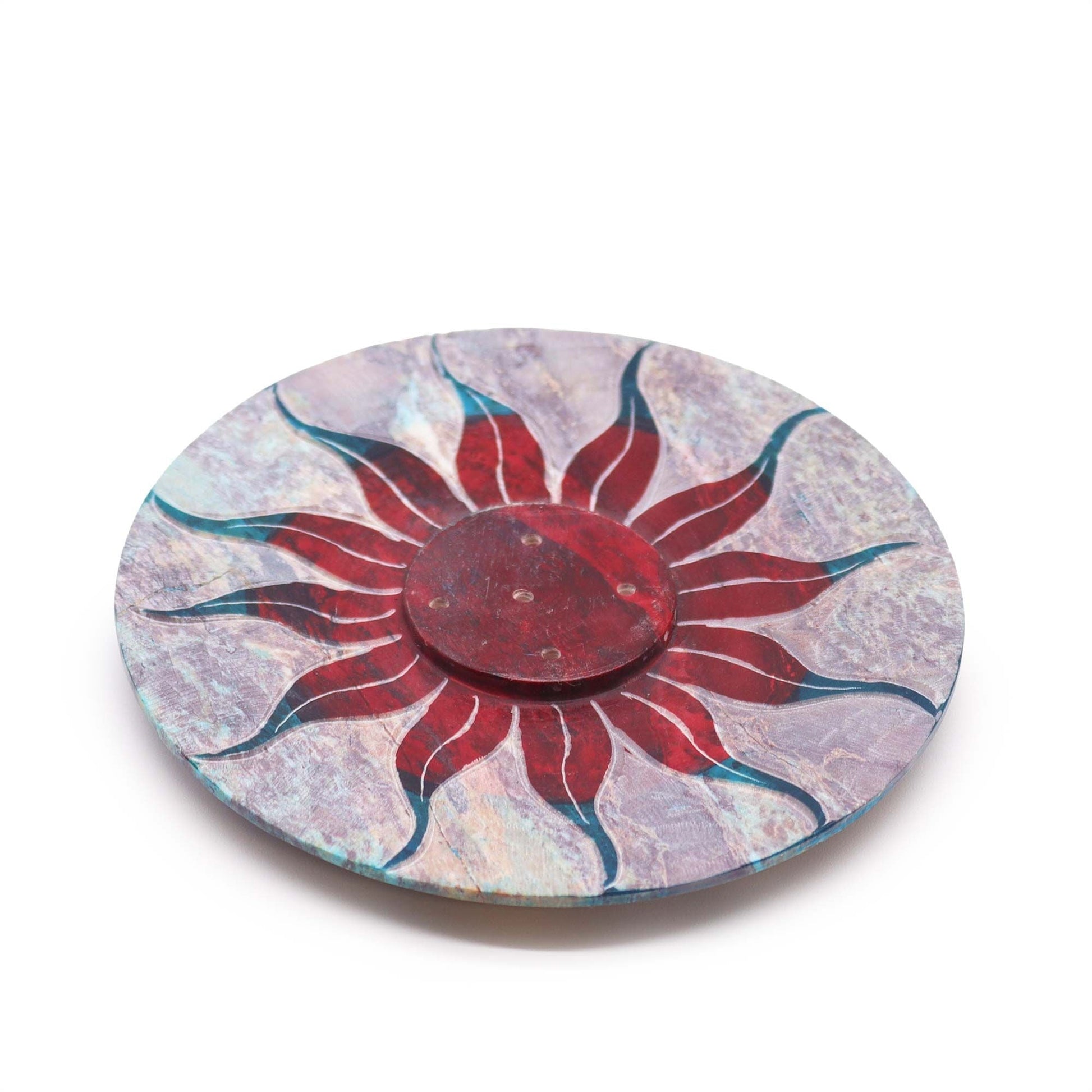 Polished Soapstone Disc Incense Holder - Sun Flower (5 stick holder) featuring natural patterning and unique variations - Positive Faith Hope Love
