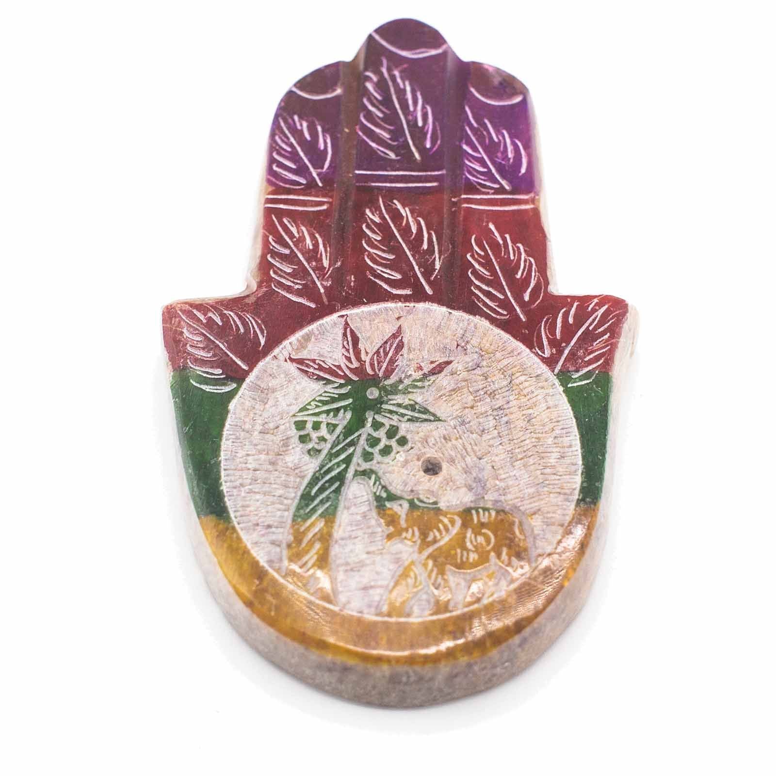 Polished Soapstone Hamsa Incense Holder 9x6cm - Elephant & Palm featuring natural patterning and unique variations - Positive Faith Hope Love