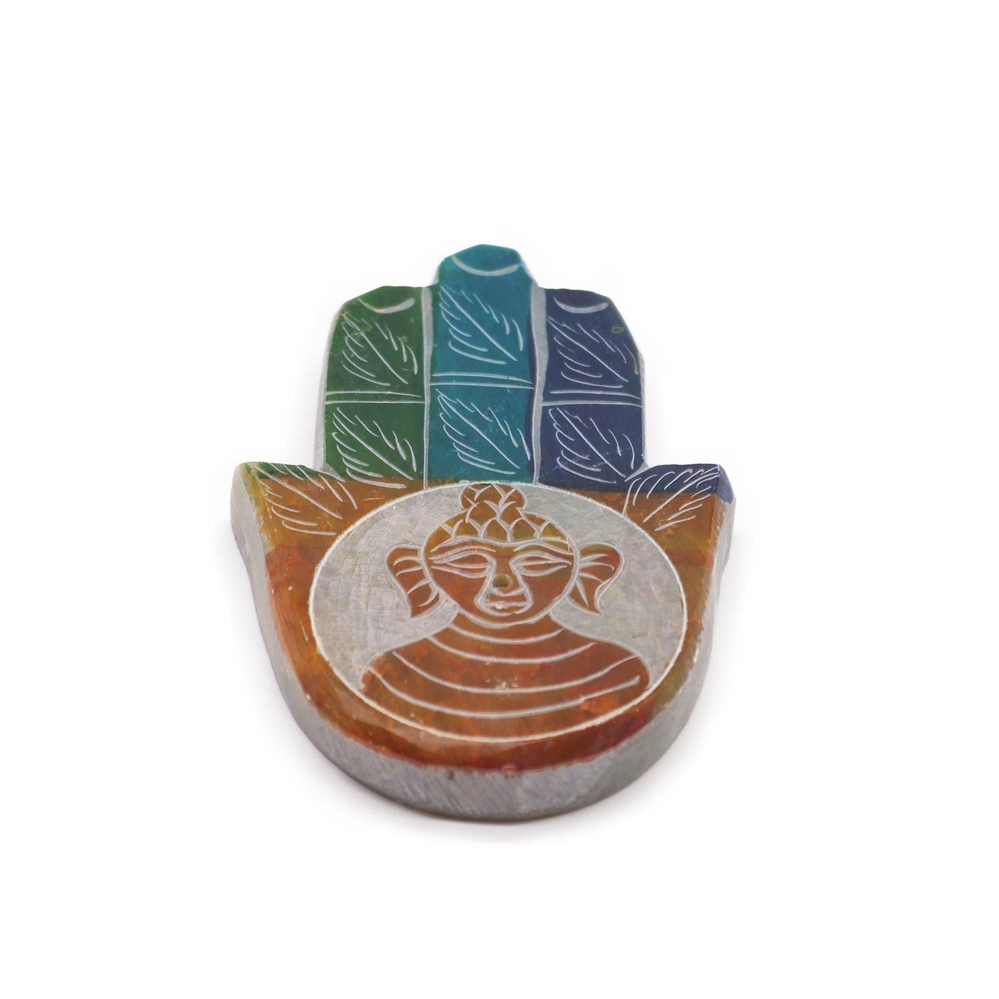 Polished Soapstone Hamsa Incense Holder - Buddah featuring natural patterning and unique variations - Positive Faith Hope Love