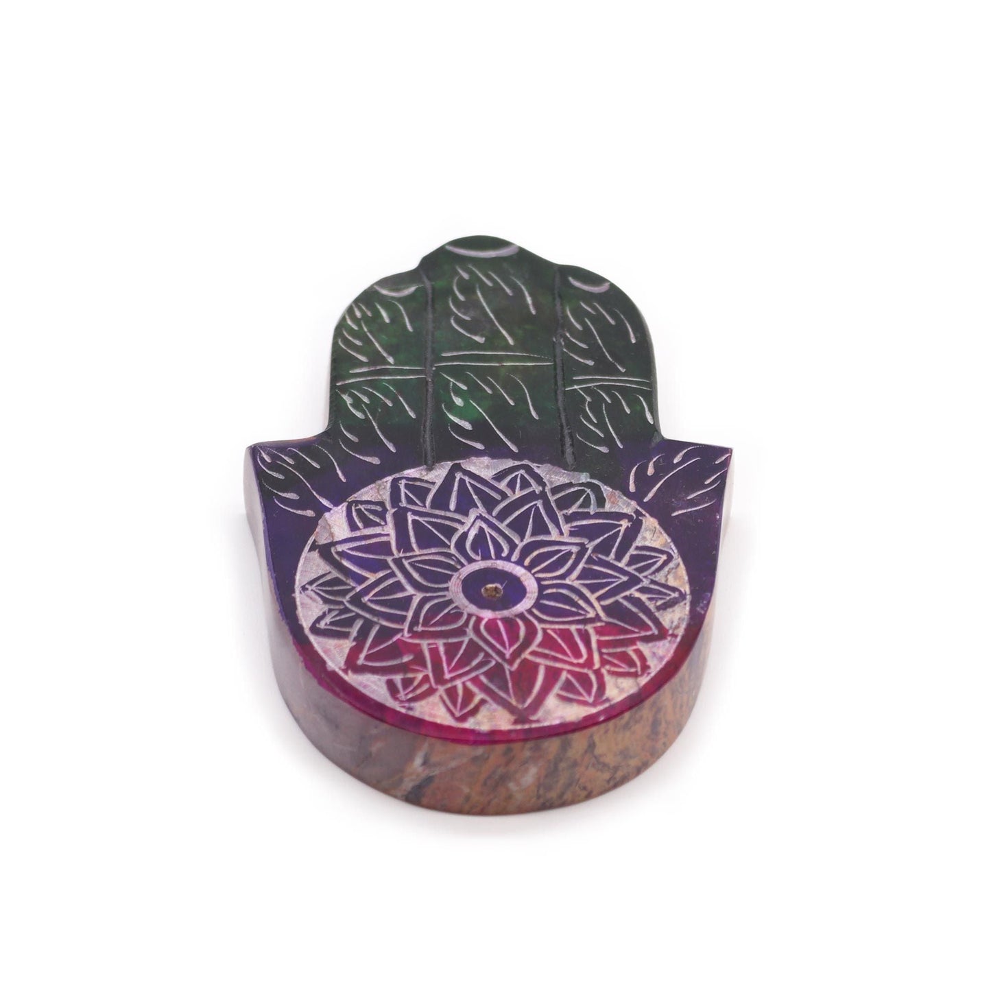 Polished Soapstone Hamsa Incense Holder - Lotus Flower featuring natural patterning and unique variations - Positive Faith Hope Love