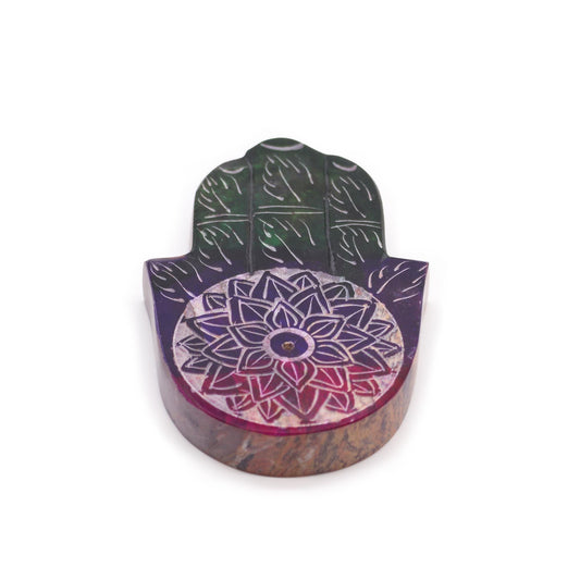 Polished Soapstone Hamsa Incense Holder - Lotus Flower featuring natural patterning and unique variations - Positive Faith Hope Love