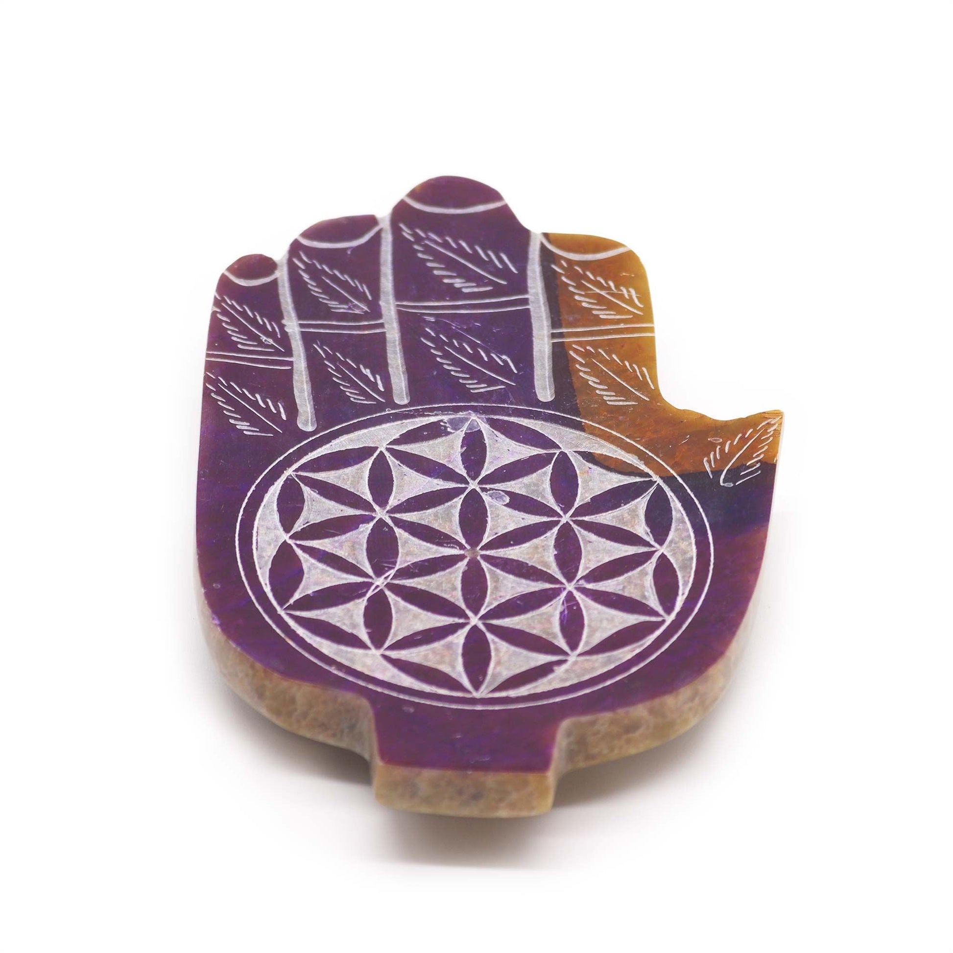 Polished Soapstone Med Hamsa Incense Holder - Flower of Life featuring natural patterning and unique variations - Positive Faith Hope Love