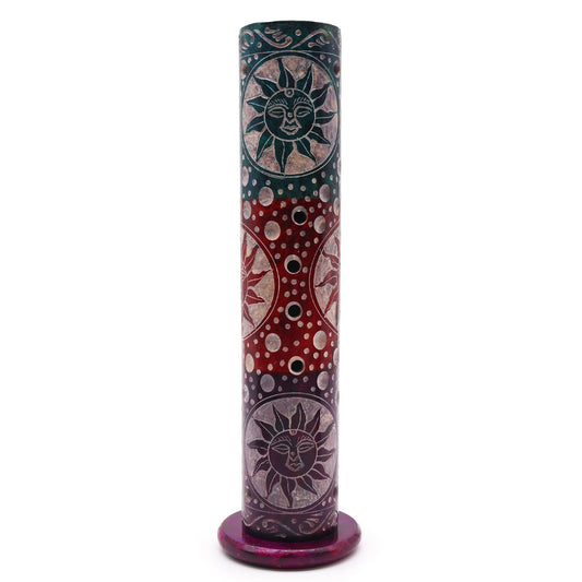 Polished Soapstone Round Tower Incense Holder - Suns featuring natural patterning and unique variations - Positive Faith Hope Love