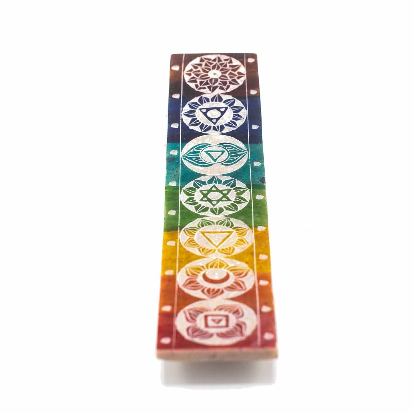 Polished Soapstone Seven Chackra Incense Holder - 26x5cm featuring natural patterning and unique variations - Positive Faith Hope Love
