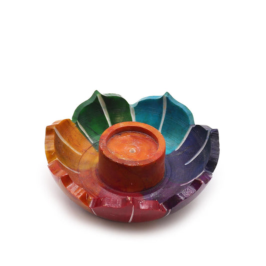 Polished Soapstone Small Lotus Flower Incense Holder - Chakra Colours featuring natural patterning and unique variations - Positive Faith Hope Love