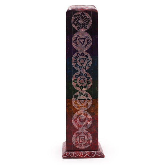 Polished Soapstone Square Tower Incense Holder - 7 Charkras featuring natural patterning and unique variations - Positive Faith Hope Love